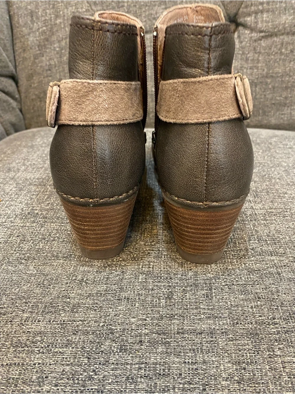 Dansko Taupe Suede Wedge Ankle Boots with Dark Brown Heel